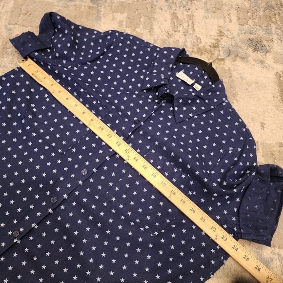 Joan Rivers Linen Star Print Blue White Short Sleee Button Shirt Women's Size L - Picture 9 of 16